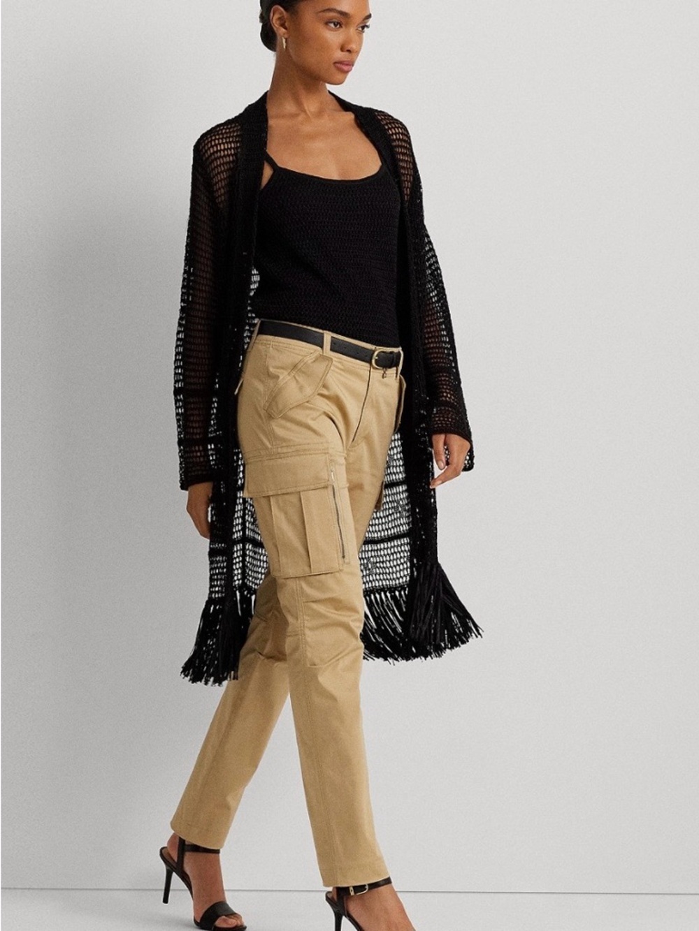 Lauren Ralph Lauren Pointelle-Knit Black Open-Knit Fringe Cardigan, Medium - Picture 8 of 9